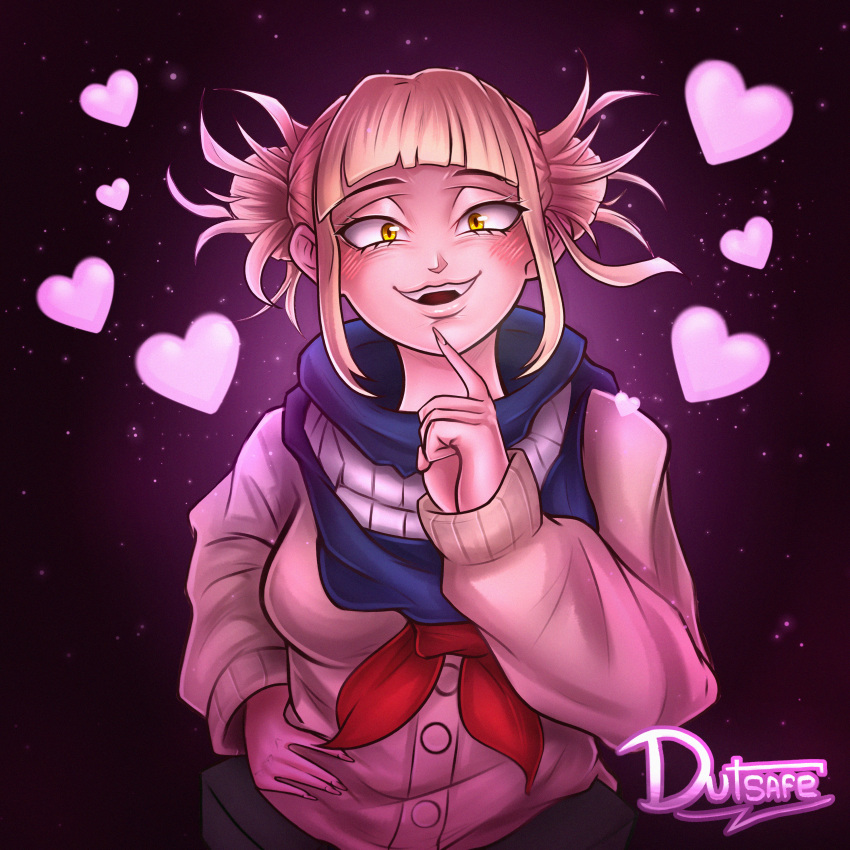 boku_no_hero_academia breasts clouth dutraimus dutsafe fortnite fortnite:_battle_royale heart himiko_toga my_hero_academia pink_background smile yellow_eyes yellow_hair