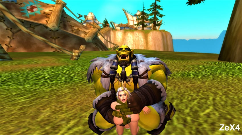 1boy 2girls 3d big_breasts blizzard_entertainment blonde_hair female green_skin groping groping_breasts interspecies jaina_proudmoore light-skinned_female light_skin male multicolored_hair orc orc_(warcraft) orc_male orced sex size_difference thrall warcraft white_hair world_of_warcraft zex4