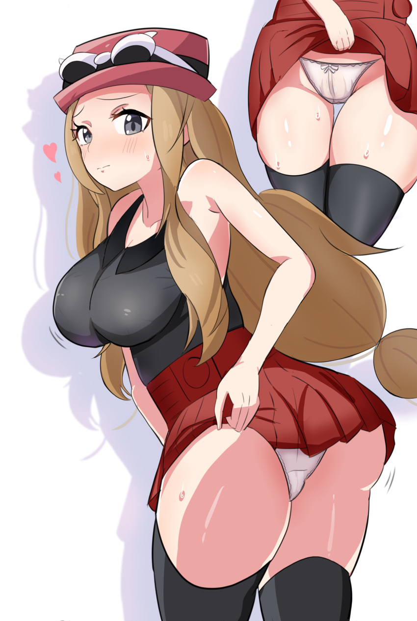 1girls absurd_res amrbatafri ass big_breasts black_thighhighs blonde_hair blush bow_panties breasts commentary cowboy_shot creatures_(company) dirty_blonde_hair game_freak glasses grey_eyes hat heart hi_res impossible_clothes lifting_skirt long_hair looking_at_viewer looking_back multiple_views nintendo paid_reward_available panties pokemon pokemon_(game) pokemon_xy serena_(pokemon) serena_(pokemon_games) sidelocks skirt skirt_lift sleeveless solo sweat thick_thighs thigh_gap thighhighs thighs very_long_hair white_panties