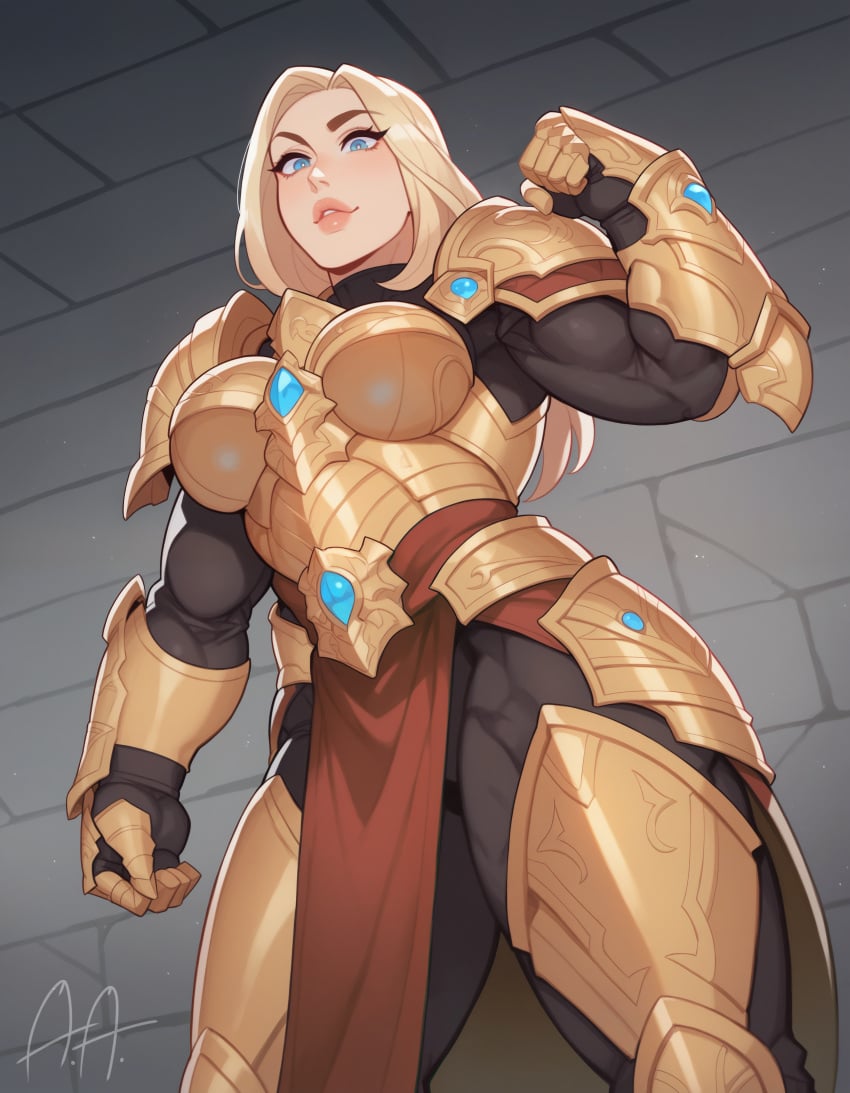 adeptus_custodes ai_generated armor artificialanaleptic biceps blonde_hair blue_eyes breastplate breasts brick_wall clothing female female_only flexing gauntlets gloves large_breasts lips long_hair looking_at_viewer looking_down muscle muscular_female parted_lips pauldron shoulder_armor signature solo standing thick_thighs thighs warhammer_(franchise) warhammer_40k