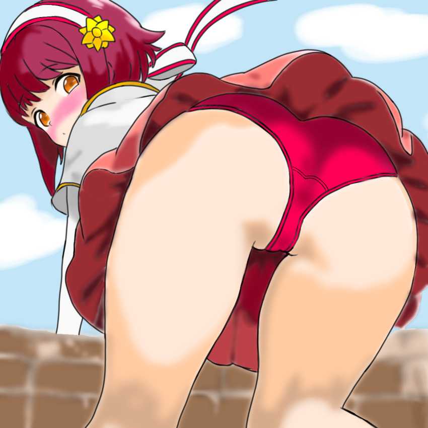 1girls ass back_view bangs bare_thighs bent_over blush female female_only fire_emblem fire_emblem_fates from_behind hairband large_ass long_sleeves looking_back nemonemonerune nintendo orange_eyes outdoors panties red_hair red_panties sakura_(fire_emblem) short_hair skirt solo thighs underwear upskirt