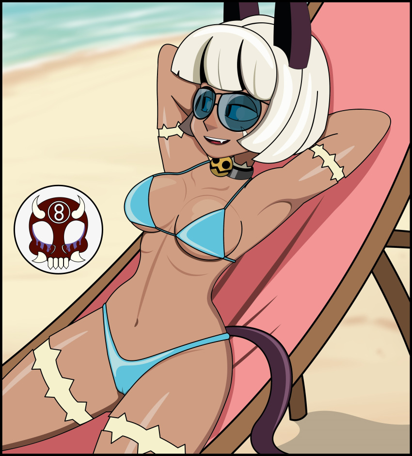 8ball9615 beach beach_chair bikini blue_eyes cameltoe catgirl collar dark-skinned_female medium_breasts nadia_fortune oerba_yun_fang scars_on_body short_hair skullgirls smile tinted_eyewear white_hair