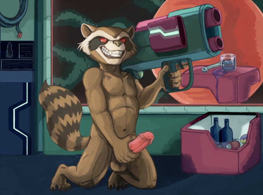 1boy barefoot beige_fur bottle brown_fur claws cup erection fur furry_ears furry_tail guardians_of_the_galaxy gun holding indoors kneeling male male_only mammal marvel nude penis raccoon ranged_weapon red_eyes rocket_raccoon solo spectral-bat stripes tail testicles weapon wrench