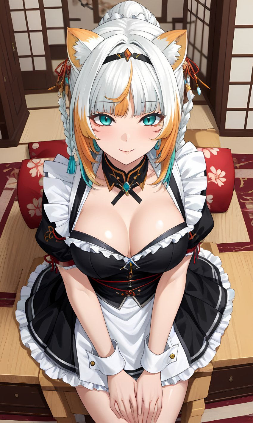 1girls ai_generated alternate_costume animal_ears aqua_eyes big_breasts cat_eyes eternals_(idol_corp) female female_focus female_only front_view furry_ears girl idol_corp idol_es latam_virtual_youtuber looking_at_viewer maid maid_outfit maid_uniform orange_hair short_hair sitting smiling smiling_at_viewer solo solo_female solo_focus taiga_toragami tiger_ears tiger_girl turquoise_eyes two_tone_hair virtual_youtuber vtuber vtuberfanart white_hair youtube youtube_hispanic