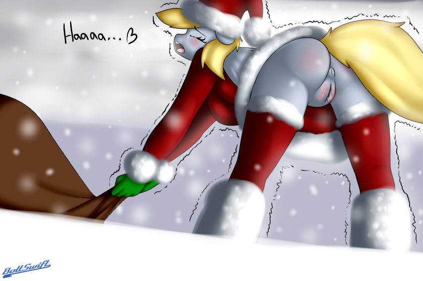 absurd_res anthro anus ass blonde_hair blush boltswift bottomless christmas clitoris closed_eyes clothed clothing derpy_hooves equine female friendship_is_magic fur gloves grey_fur hair half-dressed hat heart hi_res holidays legwear long_hair mammal my_little_pony open_mouth outside pegasus pom_hat presenting presenting_hindquarters puffy_anus pussy pussy_juice raised_tail santa_hat shaking shivering snow solo stockings text wet_pussy wings winter