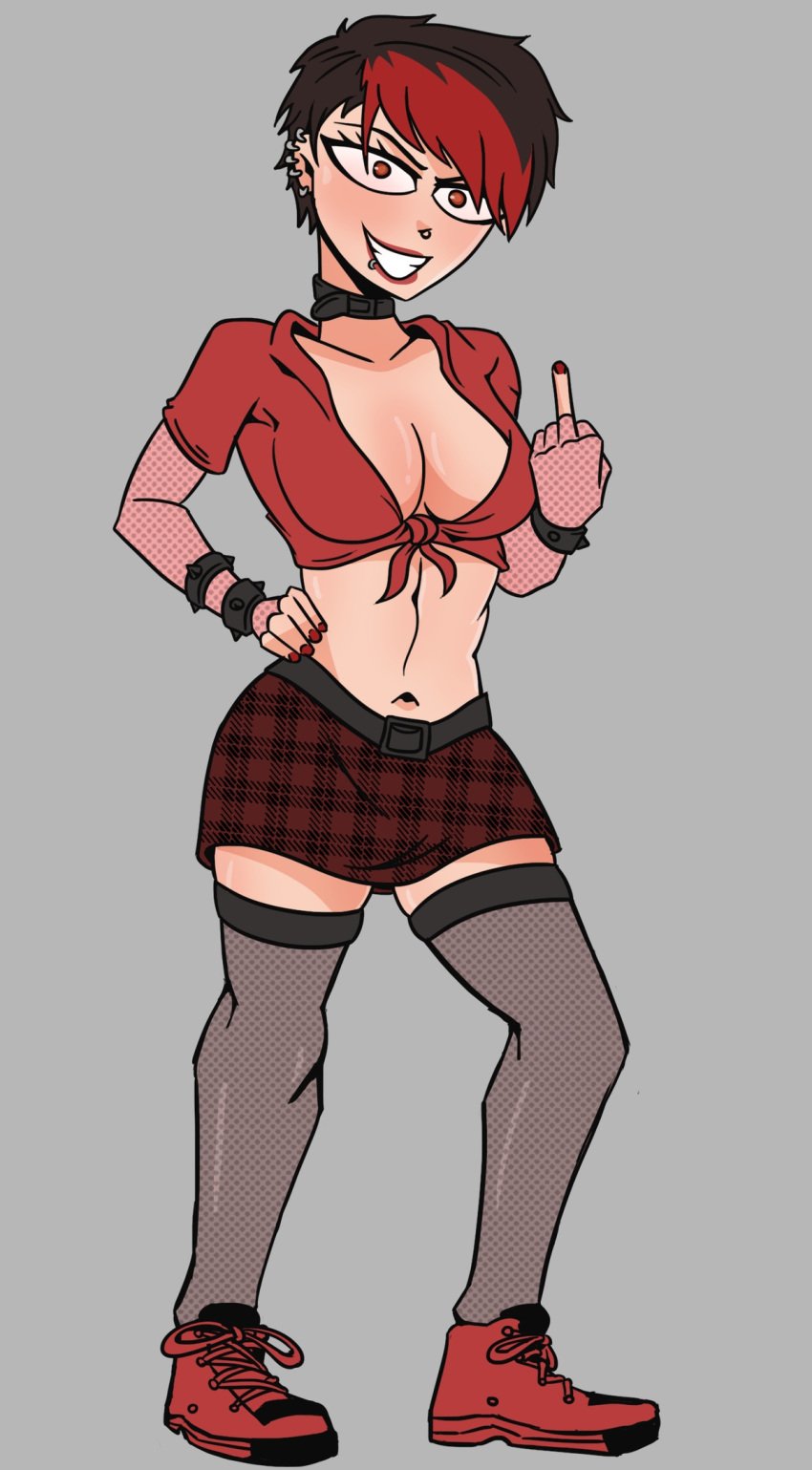 big_breasts big_breasts big_breasts black_hair choker ear_piercing emo emo_girl fishnet_armwear fishnet_legwear fishnet_stockings fishnets flipping_viewer_off goth goth_girl hand_on_hip lip_piercing middle_finger nose_piercing orange_eyes original_character plaid_skirt rattminded red_hair red_lipstick red_nail_polish red_nails red_shoes shoes short_hair skirt smile smiling smiling_at_viewer spiked_bracelet tied_shirt tomboy