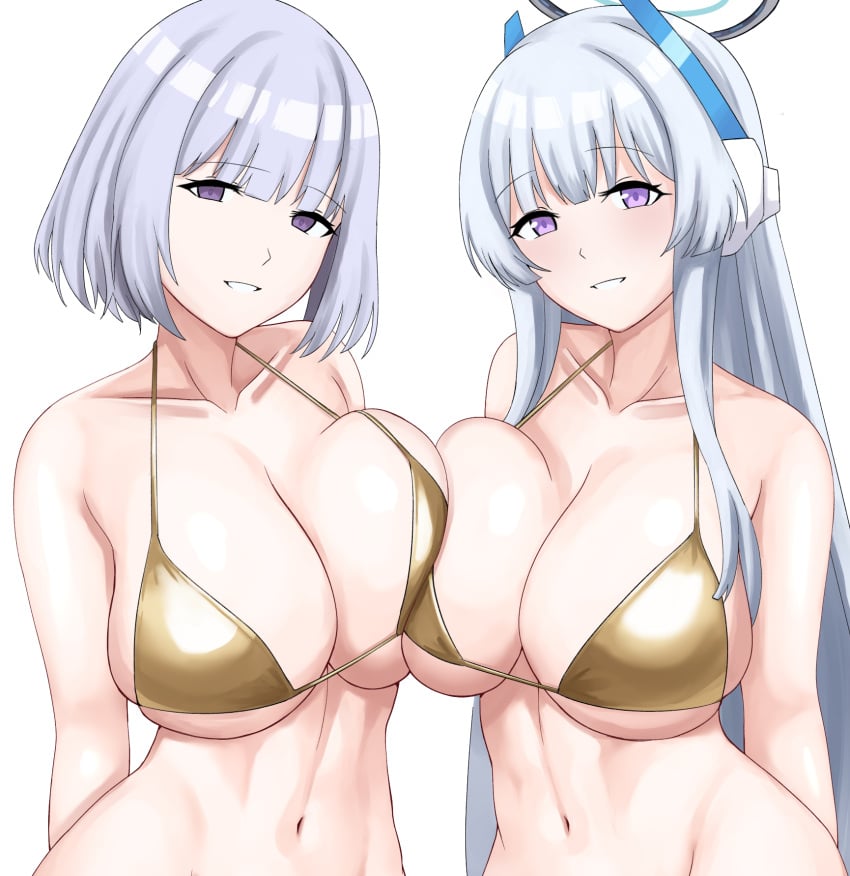 2girls bikini blue_archive breast_press breasts cleavage collarbone cyka girls'_frontline gold_bikini grey_hair hair_ornament halo highres large_breasts long_hair looking_at_viewer mechanical_halo multiple_girls navel noa_(blue_archive) open_mouth purple_eyes rpk-16_(girls'_frontline) short_hair simple_background smile solo swimsuit upper_body very_long_hair white_background white_hair