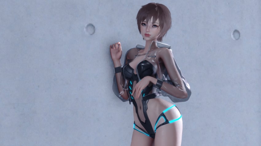 1girls 3d asian asian_female blue_eyes boots brown_hair concrete concrete_wall cosmicpottedge indoors jacket latex latex_clothing lily_artemis_ii lipstick looking_at_viewer partially_clothed partially_nude red_lips red_lipstick revealing_clothes see-through_clothing short_hair stellar_blade teenager