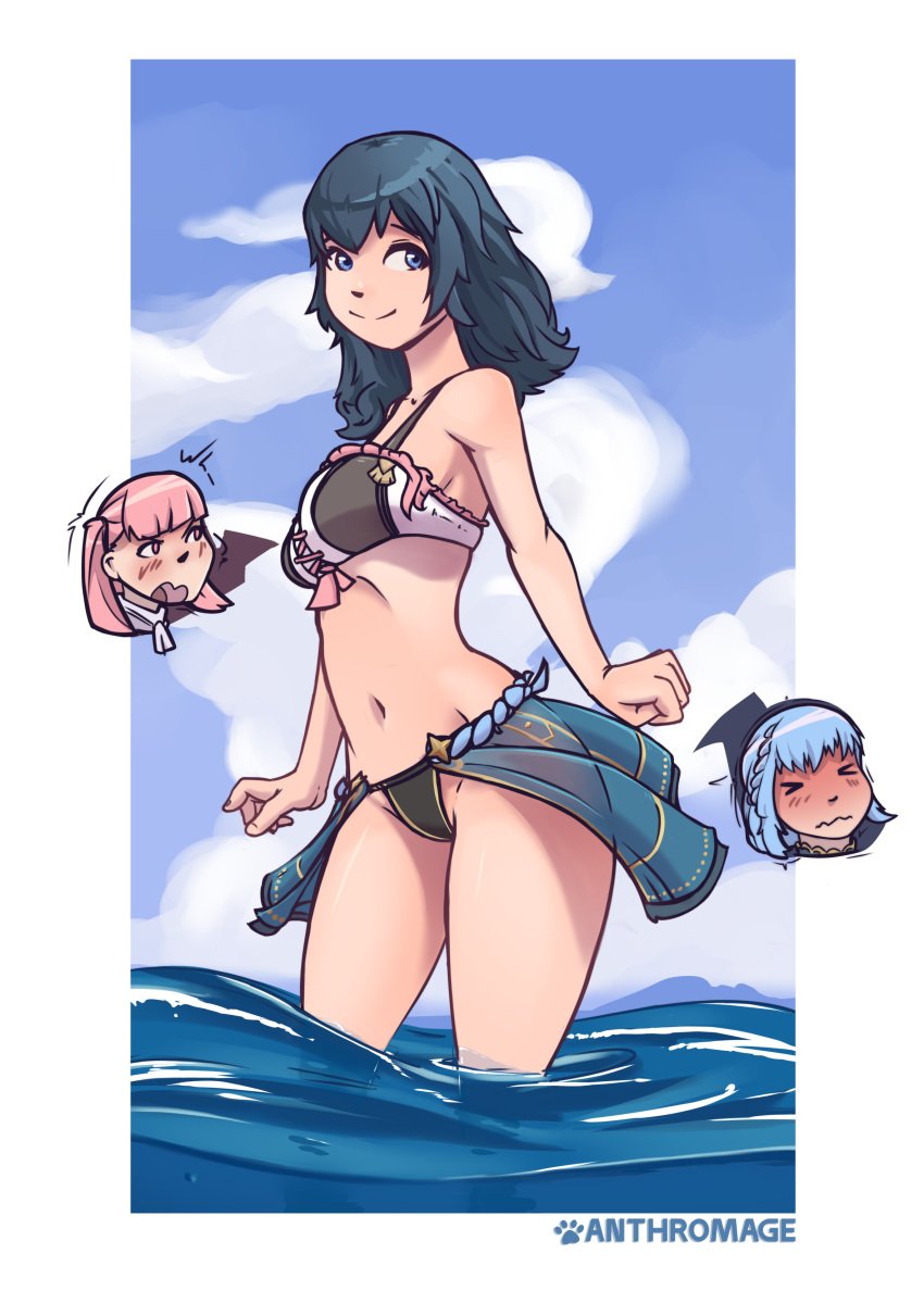 3girls anthromage beach bikini black_bikini black_swimsuit blue_hair blush byleth_(fire_emblem) clothestf clothing_transformation embarrassed female female_only femdom femsub fire_emblem fire_emblem:_three_houses hilda_valentine_goneril inanimate_transformation marianne_von_edmund multiple_girls nintendo restrained solo_focus swimsuit transformation unaware yuri