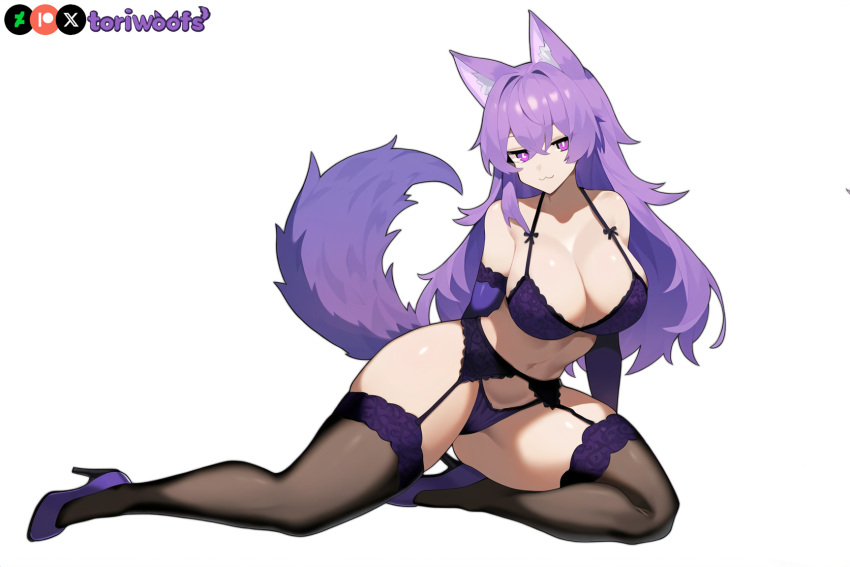 1girls :3 ai_generated big_breasts breasts curvy cute dog_ears dog_girl doggirl female female_focus female_only high_heels highres hips huge_boobs huge_breasts kemonomimi light_skin light_skinned_female lingerie long_hair panties patreon_username petgirl petite purple_ears purple_eyes purple_hair purple_tail thick_thighs thighhighs thighs tori toriwoofs watermark wavy_hair white_background wide_hips wolf_ears