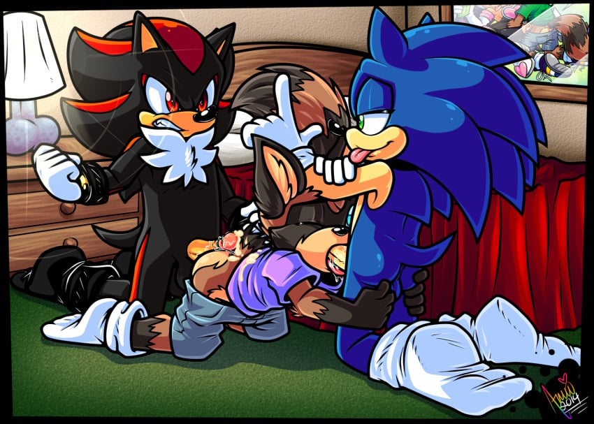 amuzoreh anthro big_dom_small_sub blue_fur cum fur furry group hedgehog male male_only mammal multiple_males oral sega shadow_the_hedgehog size_difference sonic_(series) sonic_the_hedgehog spitroast yaoi