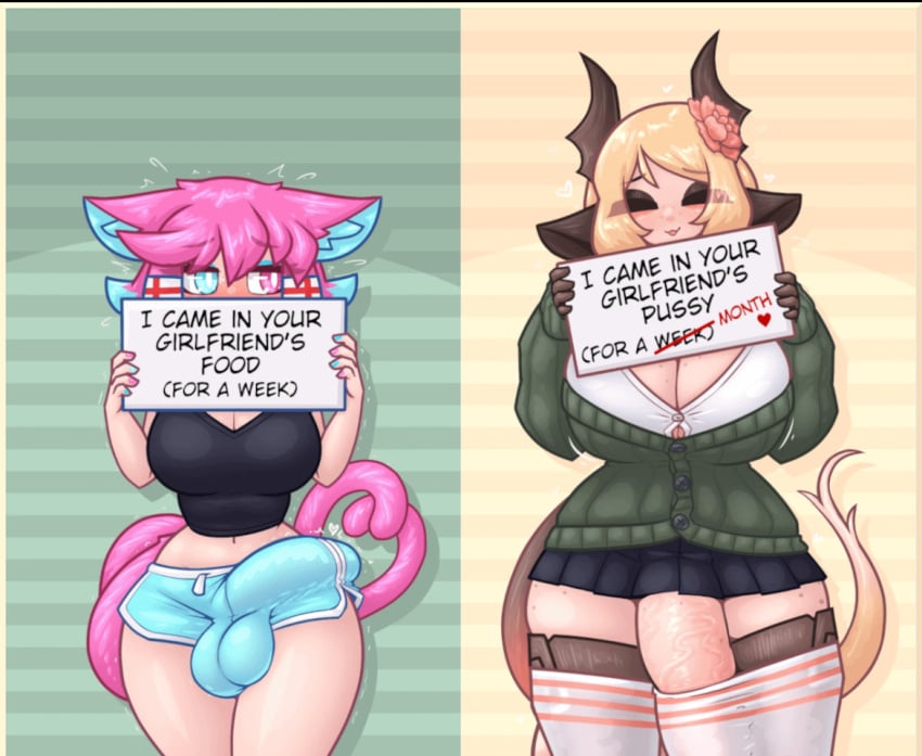 2futas animal_ears balls big_balls big_breasts big_penis big_thighs black_pants black_shirt blonde_hair blue_eyes blue_hair blue_shirt blush bottomless breasts breasts_bigger_than_head bulge cat_ears cat_girl cat_tail catgirl cheating cheating_girlfriend clothed clothing cucked_by_futa cuckold edit embarrassed english_text erection erection_under_clothes fox_ears fox_girl fox_tail fully_clothed futa futa_only futanari heterochromia horns huge_cock humanoid humanoid_penis humiliation kemonomimi light-skinned_futanari light_skin limebreaker long_hair looking_at_another looking_away looking_back meme mostly_clothed mugshot netorare ntr original_character penis penis_in_thighhighs penis_outline penis_size_difference pink_eyes pink_hair short_hair short_shorts shorts sign standing text text_box thick_thighs thighhighs throbbing_penis tsarina_sofia_persica_(peach_cobbler) two_tone_hair wide_hips ych