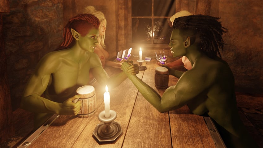 3d 3d_(artwork) akidia beer beer_mug big_breasts black_hair brown_eyes brown_hair candle elf elf_female light-skinned_female light_skin muscular muscular_female naked naked_female night orc orc_female original original_character original_characters small_breasts tagme tavern veiny veiny_arms