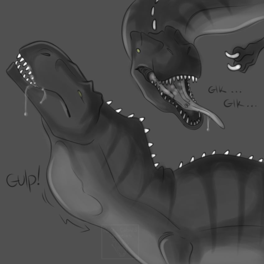 absurd_res almost_fully_inside ambiguous_gender ambiguous_prey bodily_fluids bulge carcharodontosaurid dinosaur dripping duo fatal fatal_vore feral feral_pred forced giganotosaurus greyscale hi_res inside_mouth larger_feral licking long_tongue monochrome neck_bulge open_mouth oral oral_vore reptile rose-colored_chimera saliva saliva_drip saliva_on_tongue saliva_string scales scalie sharp_teeth size_difference smaller_prey swallowing teeth theropod tongue unwilling_prey vore willing_pred