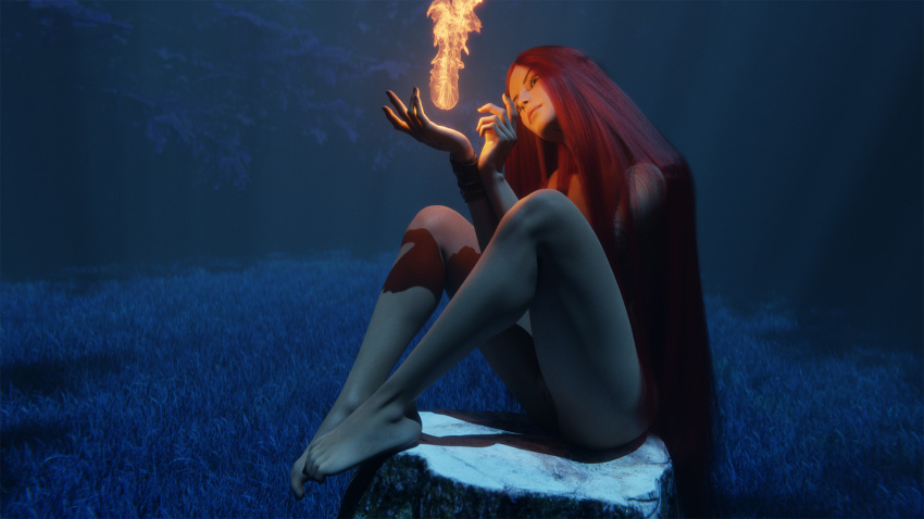 3d 3d_(artwork) akidia alice_(akidia) bracelet bracelets forest green_eyes light-skinned_female light_skin magic naked naked_female night original original_character red_hair sitting_on_tree_stump small_breasts tagme tattoo tattoos