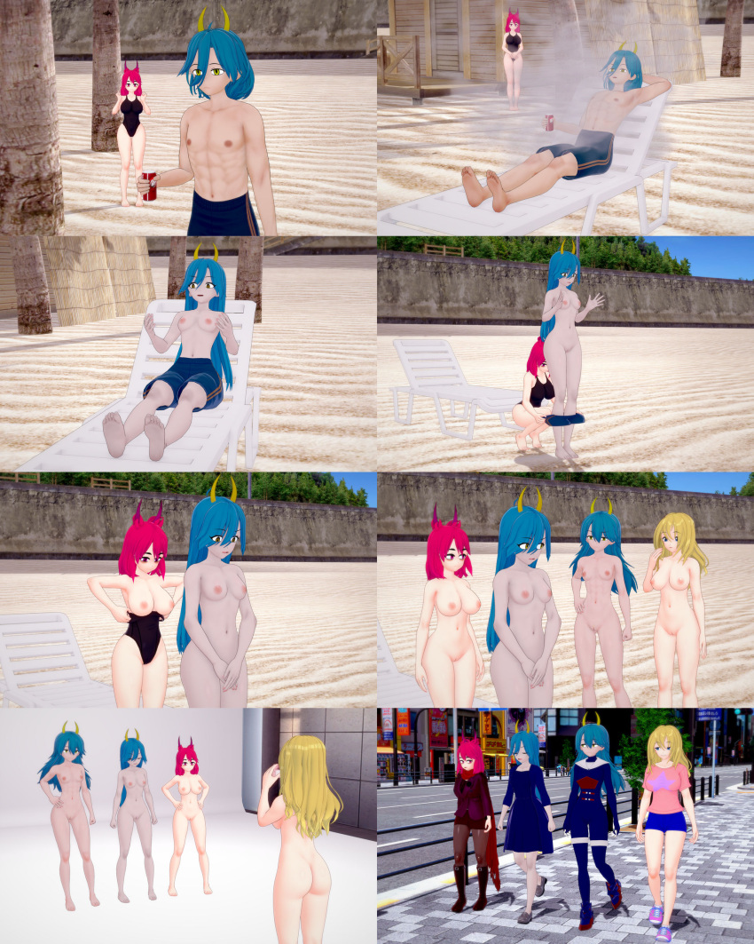 1boy 3girls abby_(retropunch) abs ass aurora_bruegger barefoot beach beach_chair black_one-piece_swimsuit blue_hair blue_swimming_trunks boots breasts camera cleavage completely_nude completely_nude_female genderswap_(mtf) i0yourfellow jacket koikatsu long_hair male_nipples medium_hair mtf_transformation muscular muscular_male navel nipples nude nude_female one-piece_swimsuit one-piece_swimsuit_pull photoshoot pink_hair pussy redressing retropunch samson_sera shirt shirtless shirtless_male short_hair short_shorts shorts skirt swimming_trunks swimming_trunks_down swimsuit t-shirt telio_sera toned_male topless topless_female topless_male undressing undressing_another undressing_self