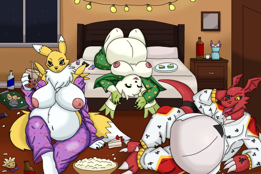 2girls1boy alternate_version_available ambiguous_prey anthro anthro_female anthro_male bedroom bedroom_setting black_sclera blue_eyes breasts breasts_out canine cobalt123 digimon digimon_(species) digimon_tamers dinosaur female food fox gold_eyes green_pajamas guilmon laying_on_back laying_on_bed male male_to_female open_shirt pajamas party post_vore purple_pajamas red_scales renamon rule_63 sitting_down terriermon white_fur white_pajamas yellow_fur