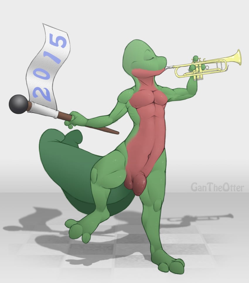 1boy 2015 anthro balls closed_eyes dancing flaccid flag gantheotter holidays long_foreskin male male_only musical_instrument new_year nintendo nipples nude penis pokemon reptile scalie shadow simple_background solo treecko trumpet uncut video_games