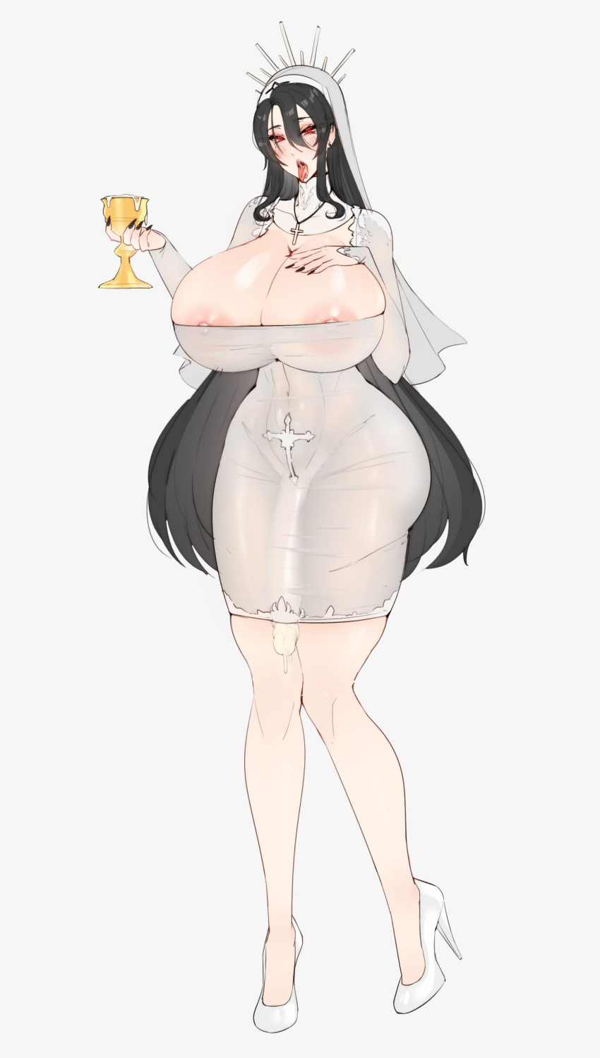 black_hair cross cup dongtan_dress futanari hand_on_breast huge_ass huge_breasts intersex knees_together_feet_apart large_breasts long_hair red_eyes see-through_clothing voluptuous voluptuous_futanari white_heels