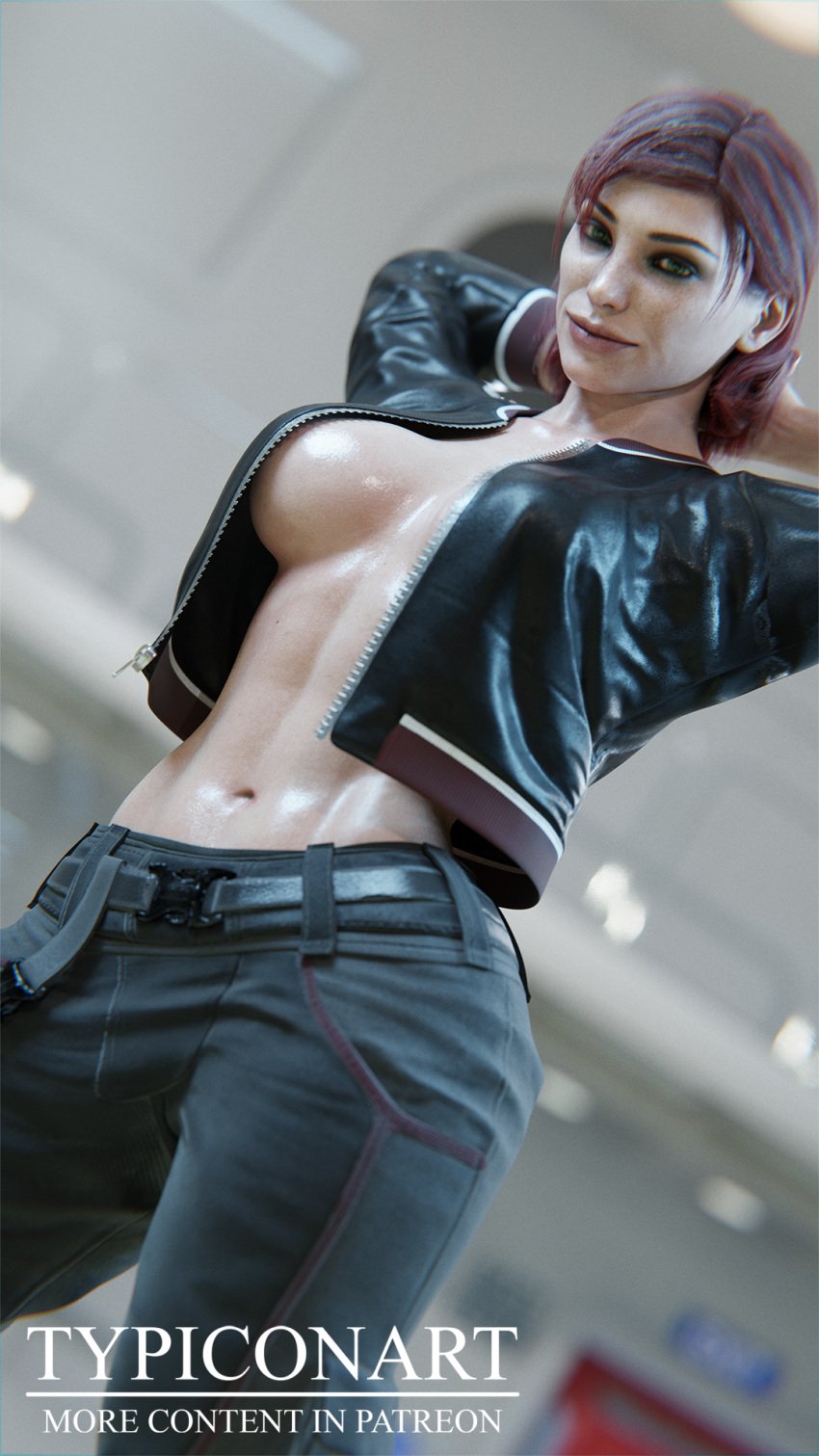 3d 3d_(artwork) ass blender blender_(software) blender_cycles breasts clothing femshep gym gym_clothes gym_uniform hands_behind_head hands_on_head jacket jacket_open mass_effect solo solo_female standing typiconart