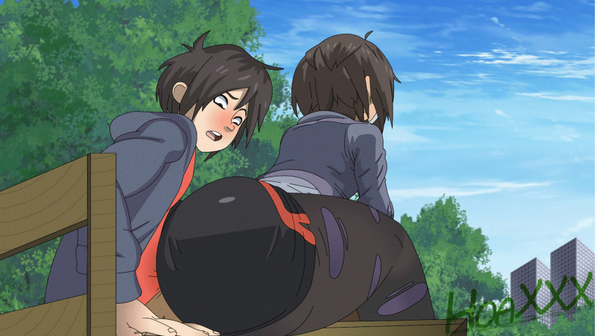 1boy 1girls ass back big_hero_6 black_hair blush buttjob buttjob_over_clothes covered_buttjob gogo_tomago hiro_hamada huge_ass marvel pants park ravenravenraven shorts thehoaxxx tree