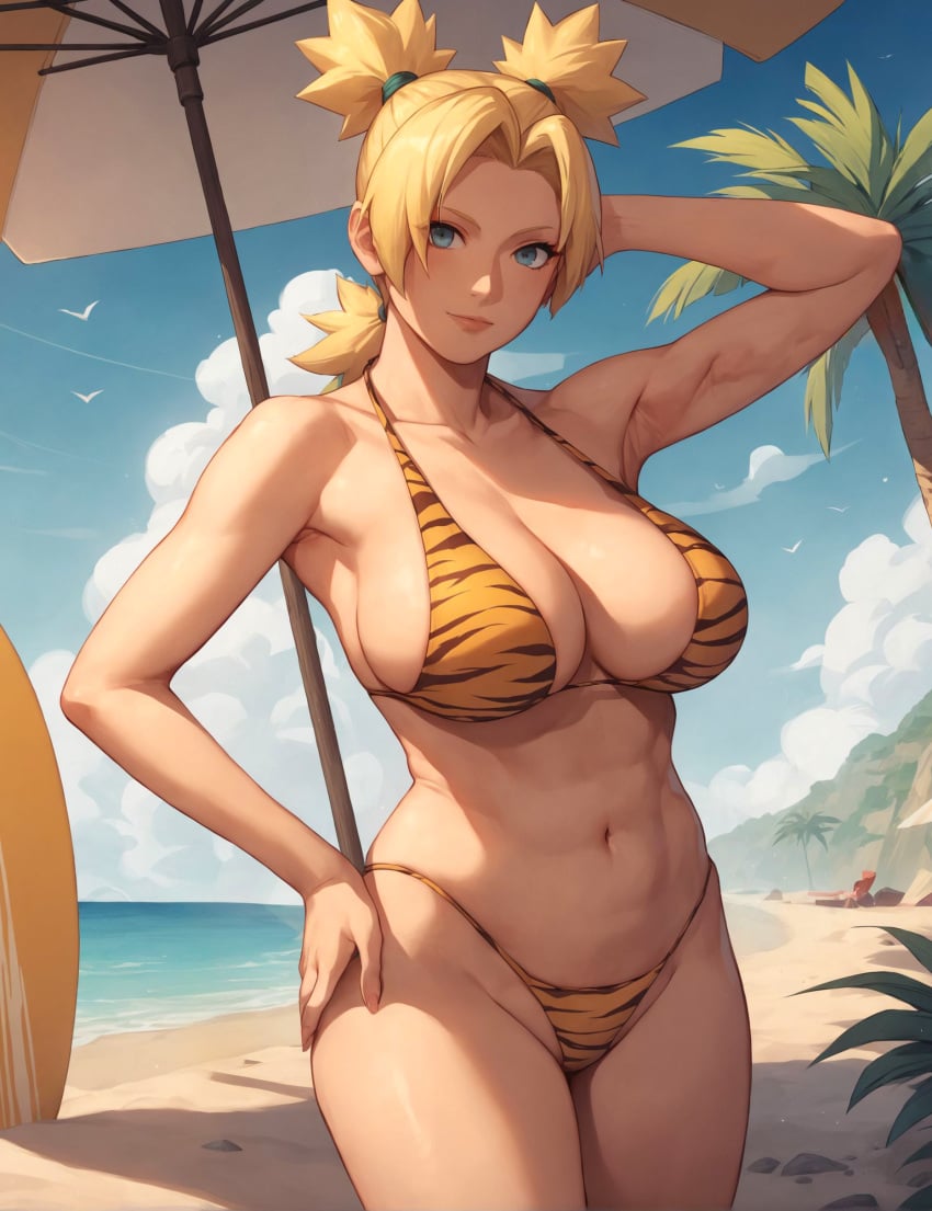 1girls ai_generated alex-schura animal_print animal_print_bikini arm_behind_head bare_midriff bare_shoulders beach beach_umbrella big_breasts bikini bikini_bottom bikini_top blonde_hair boruto:_naruto_next_generations breasts breasts_bigger_than_head cleavage cowboy_shot hair_between_eyes hand_on_hip hourglass_figure huge_breasts large_breasts light-skinned_female light_skin looking_at_viewer nai_diffusion naruto naruto_(series) ocean outdoors palm_tree ponytail quad_tails sagging_breasts sand seaside side-tie_bikini side-tie_bikini_bottom smile stable_diffusion sunlight surfboard swimsuit teal_eyes temari tied_hair tiger_print tiger_print_bikini top_heavy top_heavy_breasts tree umbrella upper_body voluptuous voluptuous_female water