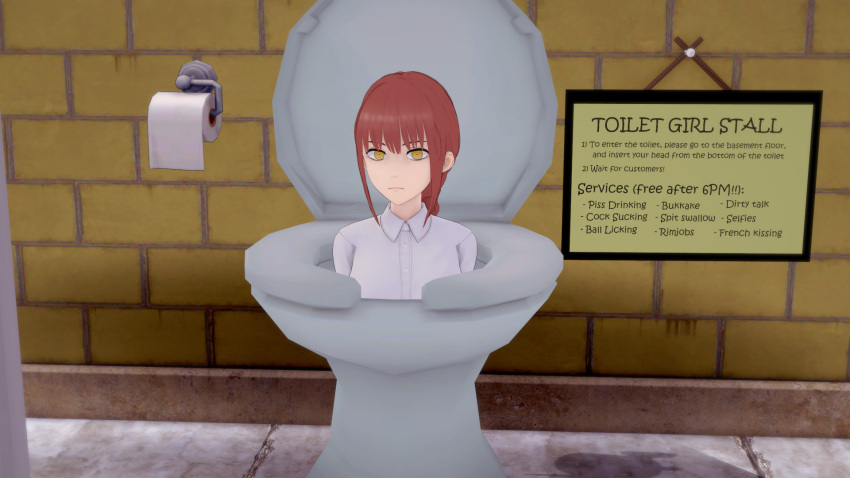 1080x1920 3d 3d_(artwork) anime anime_style bathroom chainsaw_man free_use goldieecchi human_toilet koikatsu koikatsu! koikatu makima_(chainsaw_man) meat_toilet mens_restroom mensroom public_use toilet_roll toilet_slave