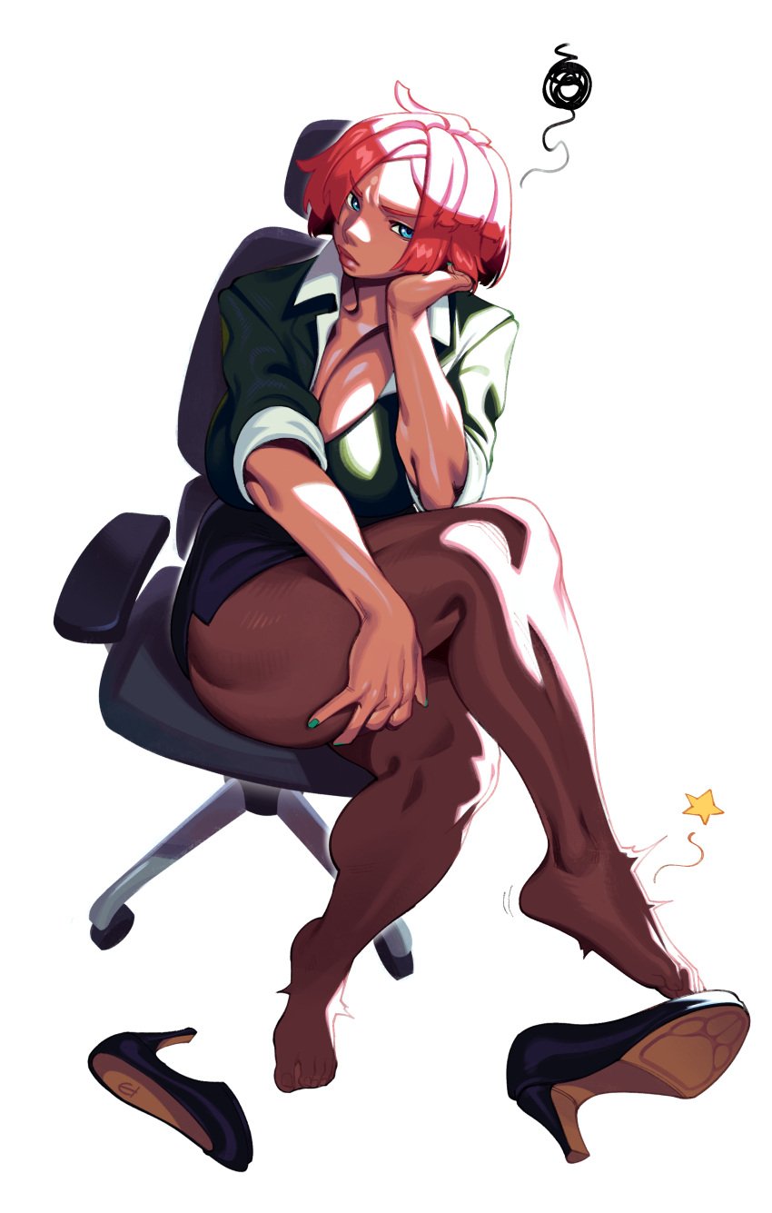 1girls absurdres big_ass big_breasts big_thighs black_skirt blue_eyes breasts brown_lips brown_pantyhose chair cleavage clothed collared_shirt commentary crossed_legs dark-skinned_female dark_skin eigaka english_commentary feet female female_only fingernails formal full_body giovanna_(guilty_gear) green_nails guilty_gear guilty_gear_strive high_heels highres huge_breasts nail_polish office_chair office_clothing office_lady pain pantyhose pencil_skirt plunging_neckline red_hair shirt shoe_dangle shoes short_hair short_skirt single_shoe sketch skirt skirt_suit sleeves_rolled_up solo solo_female squiggle suit swivel_chair taking_off_shoes taking_shoes_off thick_thighs thighs toes unworn_shoes white_background white_shirt