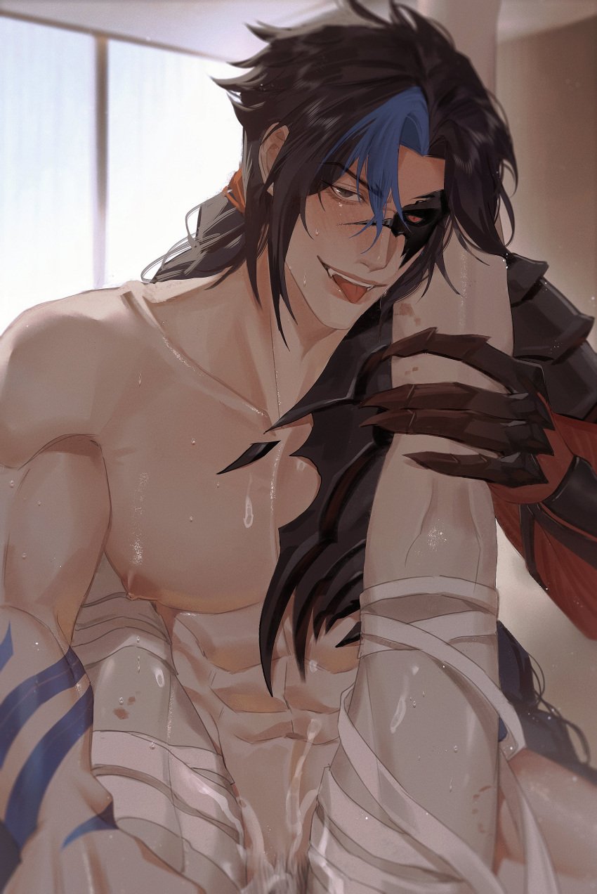 2boys aileviss ambiguous_penetration bandages bite_mark black_eyes black_hair blue_hair blush braid bruise clawed_fingers gay kayn league_of_legends leg_on_shoulder legs_apart legs_up long_hair male missionary_position offscreen_character offscreen_male pointy_teeth pov pov_eye_contact red_eyes tattoo tattooed_arm tongue_out two_tone_hair yaoi yone