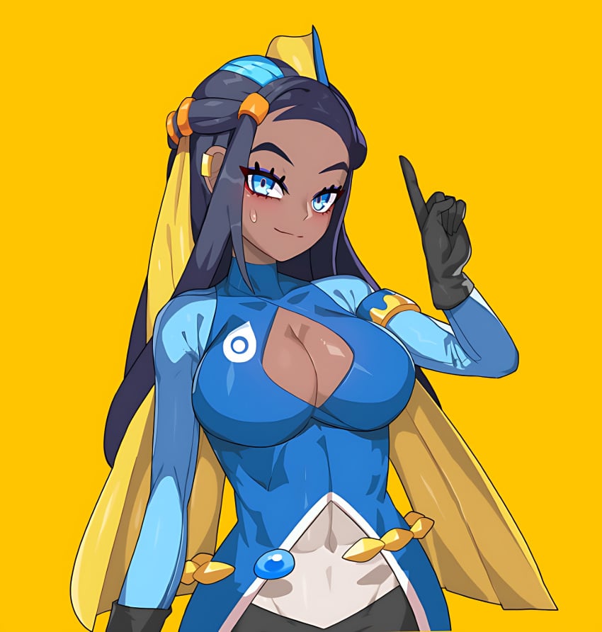1girls 2022 2022s black_gloves black_hair blue_eyes boob_window breasts cleavage cleavage_cutout closed_mouth clothed clothing cosplay dark-skinned_female dark_skin drunkoak eyeshadow female female_focus female_only game_freak gen_8_pokemon generation_8_pokemon hand_up human human_female human_only inteleon_(cosplay) multicolored_hair nessa_(pokemon) nintendo pointing_up pokemon pokemon_(cosplay) pokemon_(franchise) pokemon_ss pokemon_sword_&_shield pokemon_swsh pokemon_trainer simple_background solo solo_female sweat sweatdrop yellow_background