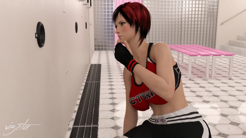 3d athletic athletic_female black_hair busty dead_or_alive female female_focus glory_hole hourglass_figure locker_room mila_(dead_or_alive) mila_(doa) red_hair short_hair tagme tomboy vizeta wide_hips