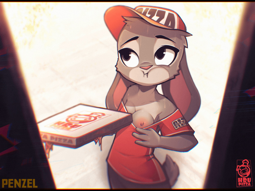 anthro clothing disney female flashing food grey_fur hat headgear headwear hi_res judy_hopps lagomorph leporid mammal one_breast_out penzel pizza pizza_box pizza_delivery presenting_breast rabbit zootopia