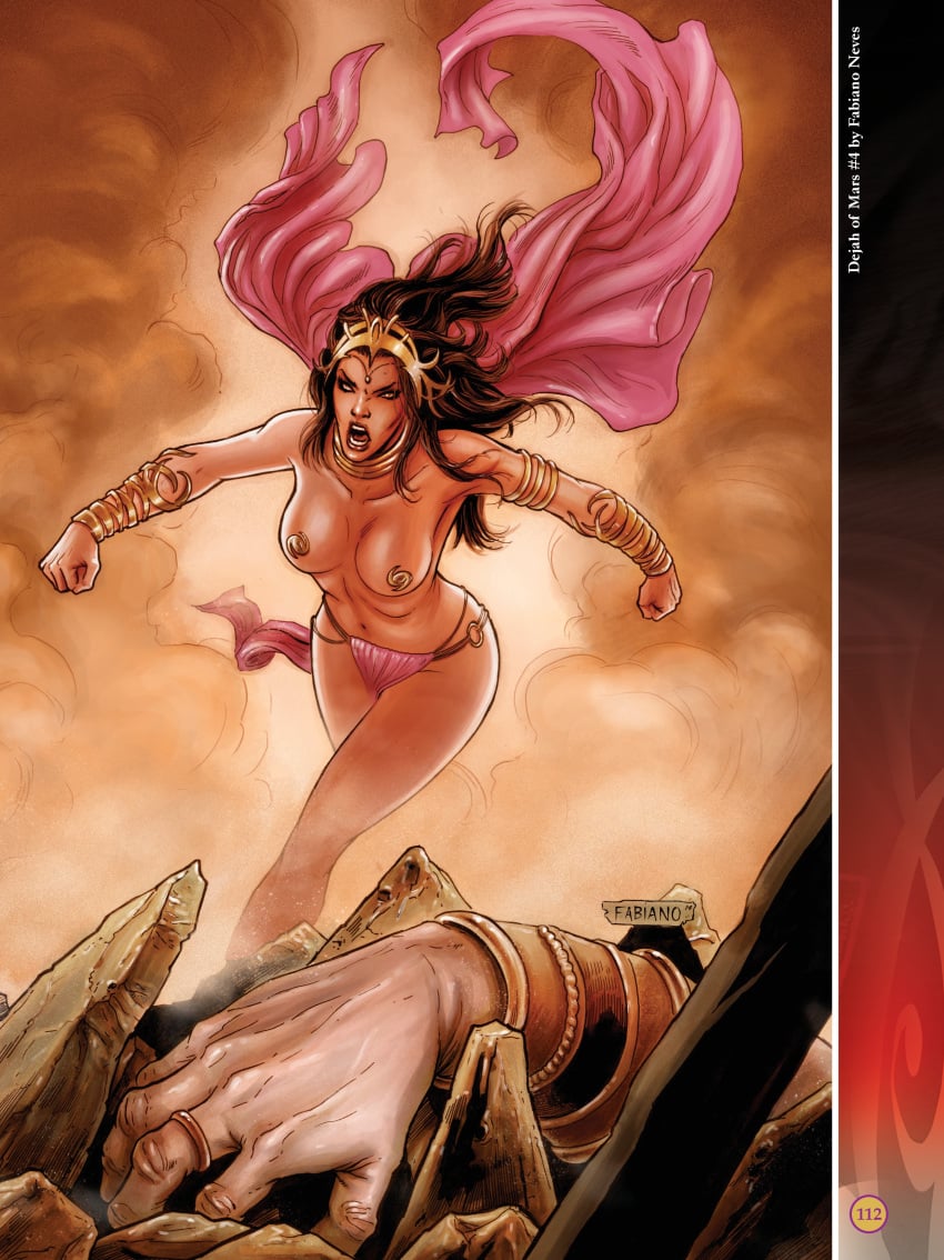 1girls a_princess_of_mars barsoom black_hair bracelet cape dejah_thoris fabiano_neves fit_female gold_pasties john_carter_of_mars loincloth long_hair martian medium_breasts official_art pasties royalty running shouting