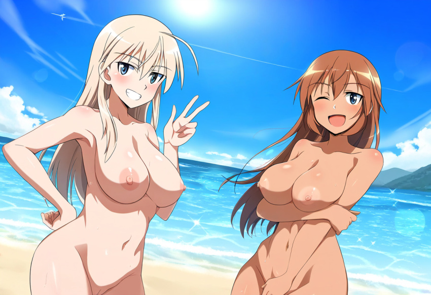 2girls ai_generated alternative_hair_color beach blonde_hair blush brown_hair charlotte_e_yeager cleft_of_venus day hanna-justina_marseille happy large_breasts long_hair nipples nude on_beach one_eye_closed open_mouth strike_witches tanned world_witches_series