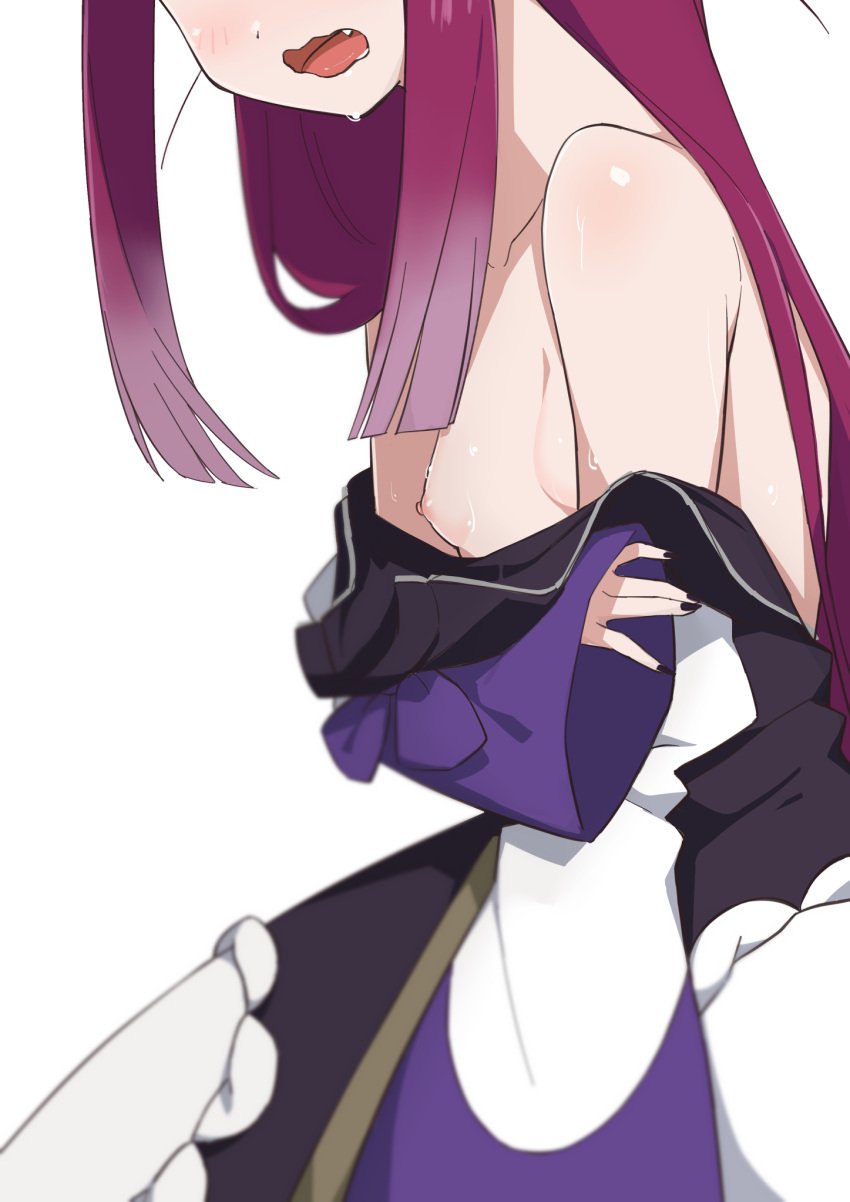 1girls breast_focus breasts breasts_out dress_pull eyes_out_of_frame female_focus female_only highres long_hair maou-jou_de_oyasumi morisobo nail_polish nipples oerba_yun_fang open_mouth purple_hair sideboob simple_background small_breasts solo succyun sweat tongue very_long_hair wavy_mouth white_background