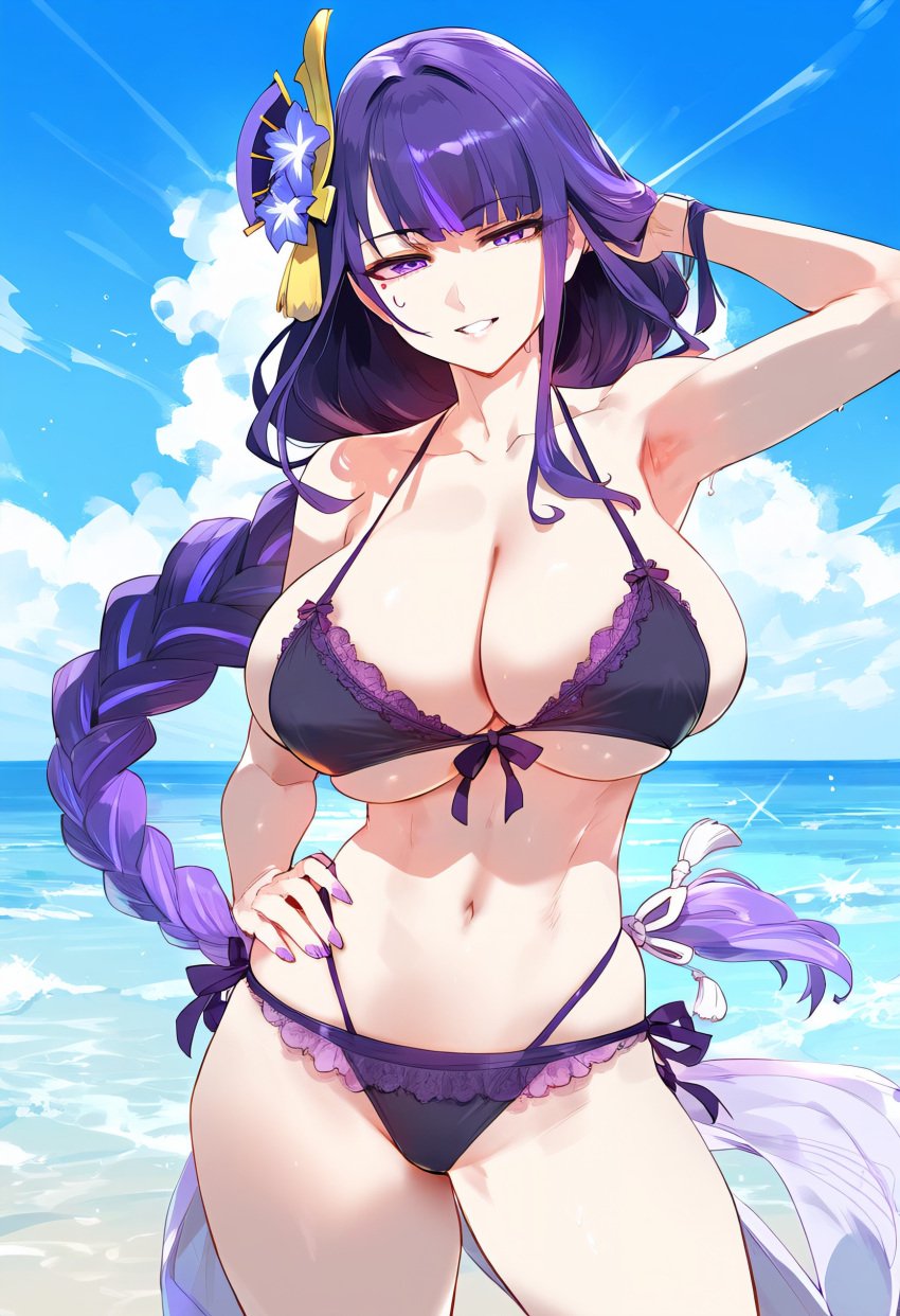 1girls ai_generated big_breasts breasts female female_focus female_only genshin_impact hips huge_breasts large_breasts long_hair looking_at_viewer mature_female purple_eyes purple_hair raiden_shogun swimsuit thick_thighs thighs