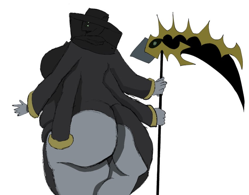 4_arms 4_eyes big_breasts chubby clothed clothed_female fat fat_ass ferrylady_(pressure) four_eyes lady_death_(pressure) looking_at_viewer looking_back nearly_nude pressure_(roblox) scythe