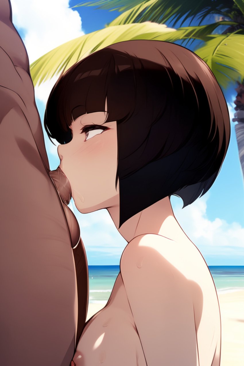 1boy 1boy1girl 1girls ai_generated balls_deep beach blowjob bob_cut brown_eyes brown_hair dark-skinned_male deepthroat female male medium_breasts nabiki_tendo naked naked_female nude nude_female ocean oral outdoors palm_tree ranma_1/2 self_upload side_view stable_diffusion straight uncensored