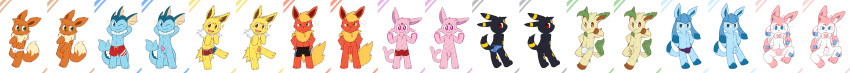 2014 3_fingers 3_toes anthro balls blush brown_eyes clothing cute eevee eeveelution espeon flareon fur glaceon green_eyes jolteon leafeon male male_only nintendo oob orange_eyes penis pink_eyes pokemon pokemon_(species) red_eyes swimming_trunks swimsuit sylveon toes umbreon underwear vaporeon video_games