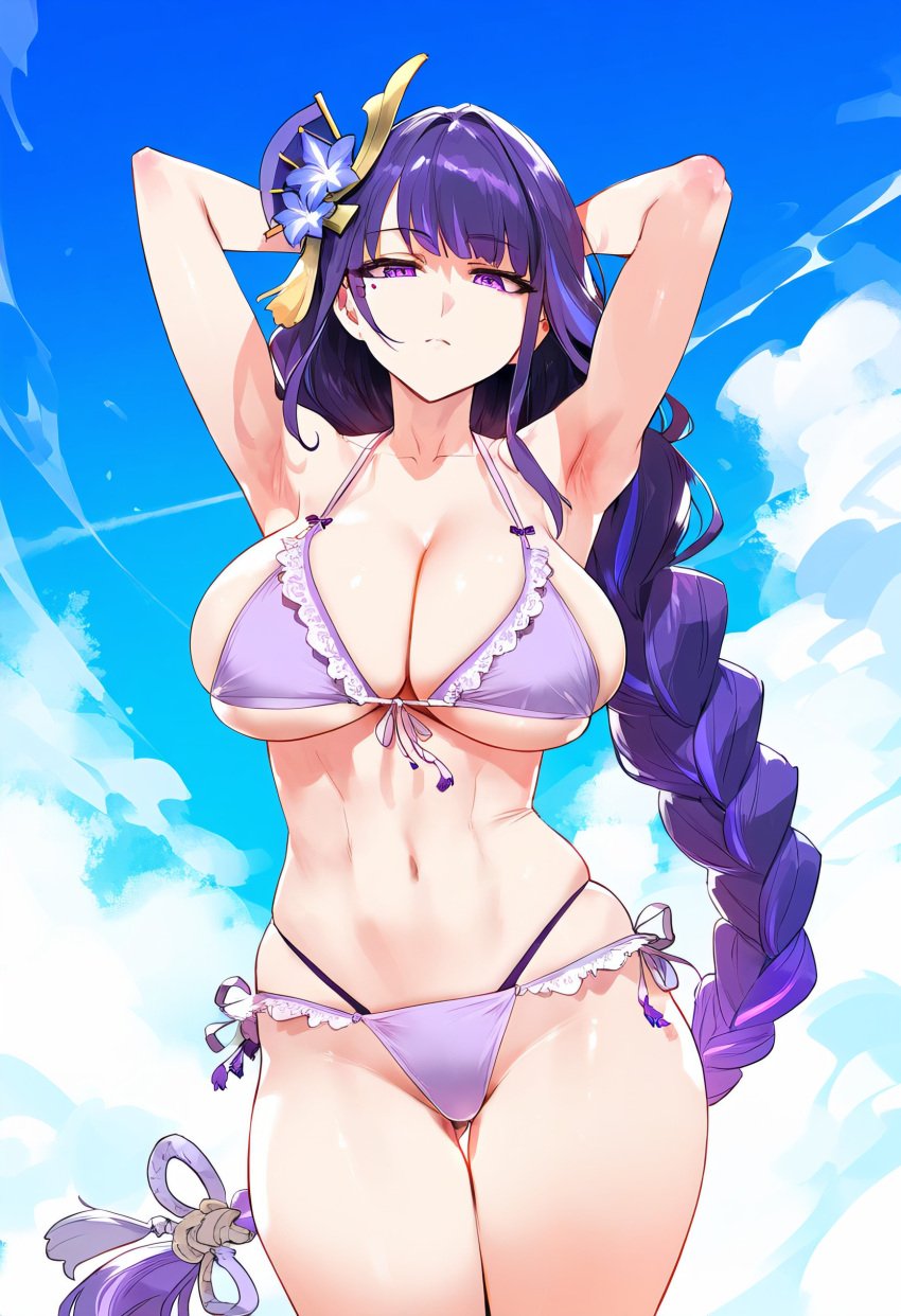 1girls ai_generated big_breasts breasts female female_focus female_only genshin_impact hips huge_breasts large_breasts long_hair looking_at_viewer mature_female navel purple_eyes purple_hair raiden_shogun swimsuit thick_thighs thighs