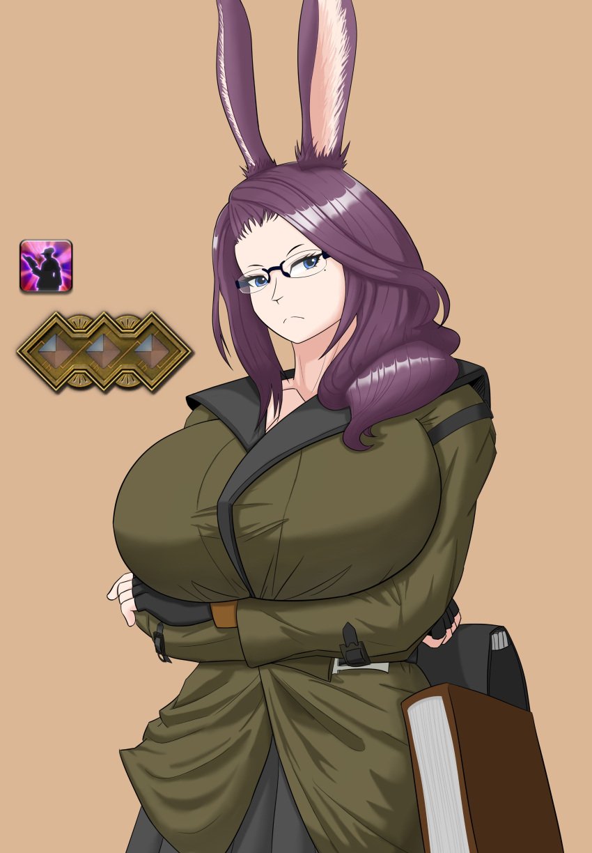 animal_ears coat final_fantasy_xiv glasses hyper_breasts purple_hair turkey_system viera