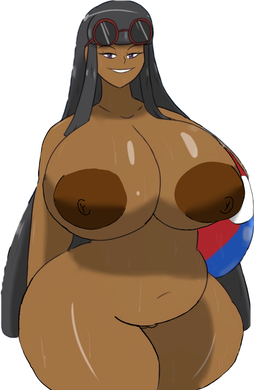 beach_ball big_breasts black_body black_hair igphhangout_(edit) long_hair looking_at_viewer ms._canfield naked_female puffy_nipples pussy