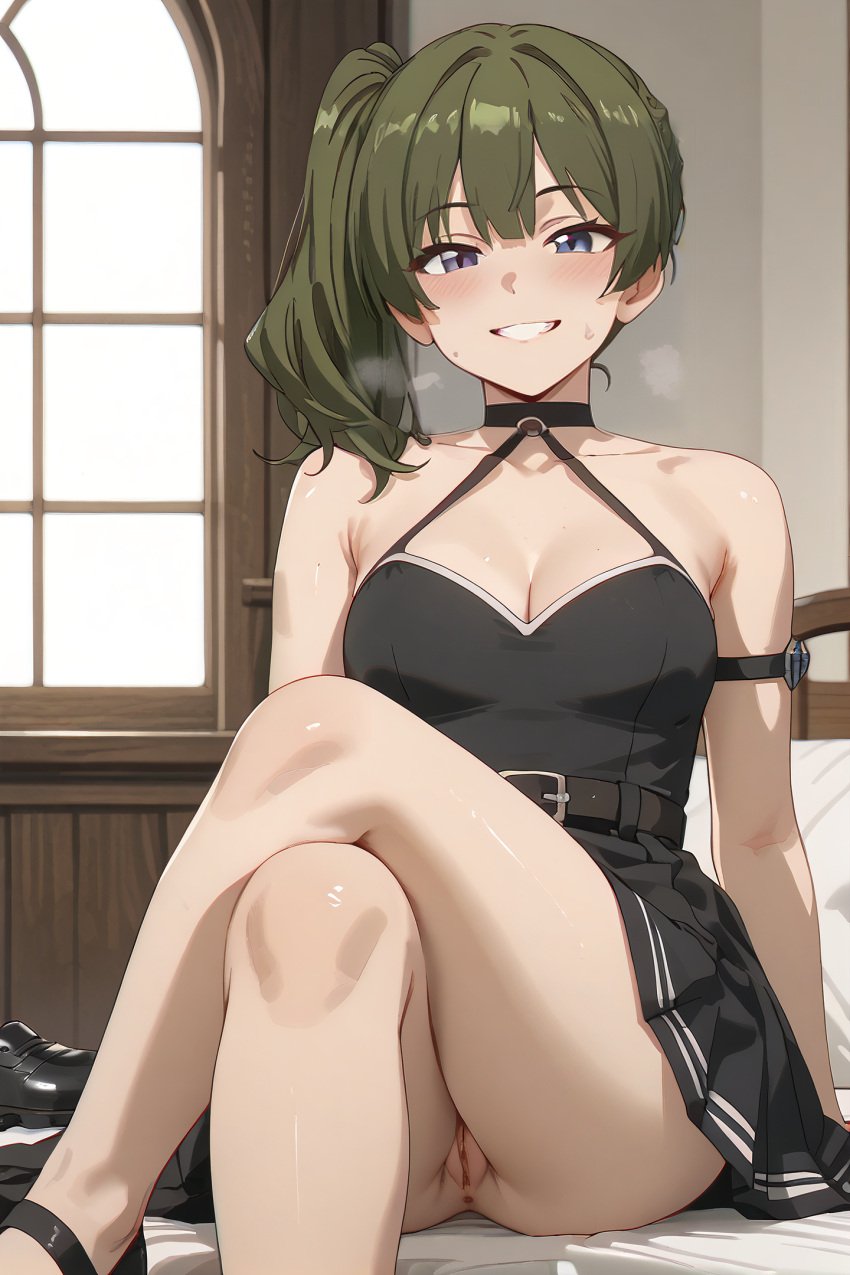 ai_generated bangs bare_shoulders belt black_dress blue_eyes blush breasts buckle cleavage collarbone crossed_legs dress eyebrows_visible_through_hair female frieren_beyond_journey&#039;s_end green_hair grin halterneck indoors long_hair looking_at_viewer medium_breasts mole mole_under_eye no_panties o-ring pussy sitting smile solo sousou_no_frieren sweat teeth ubel_(sousou_no_frieren) uncensored window