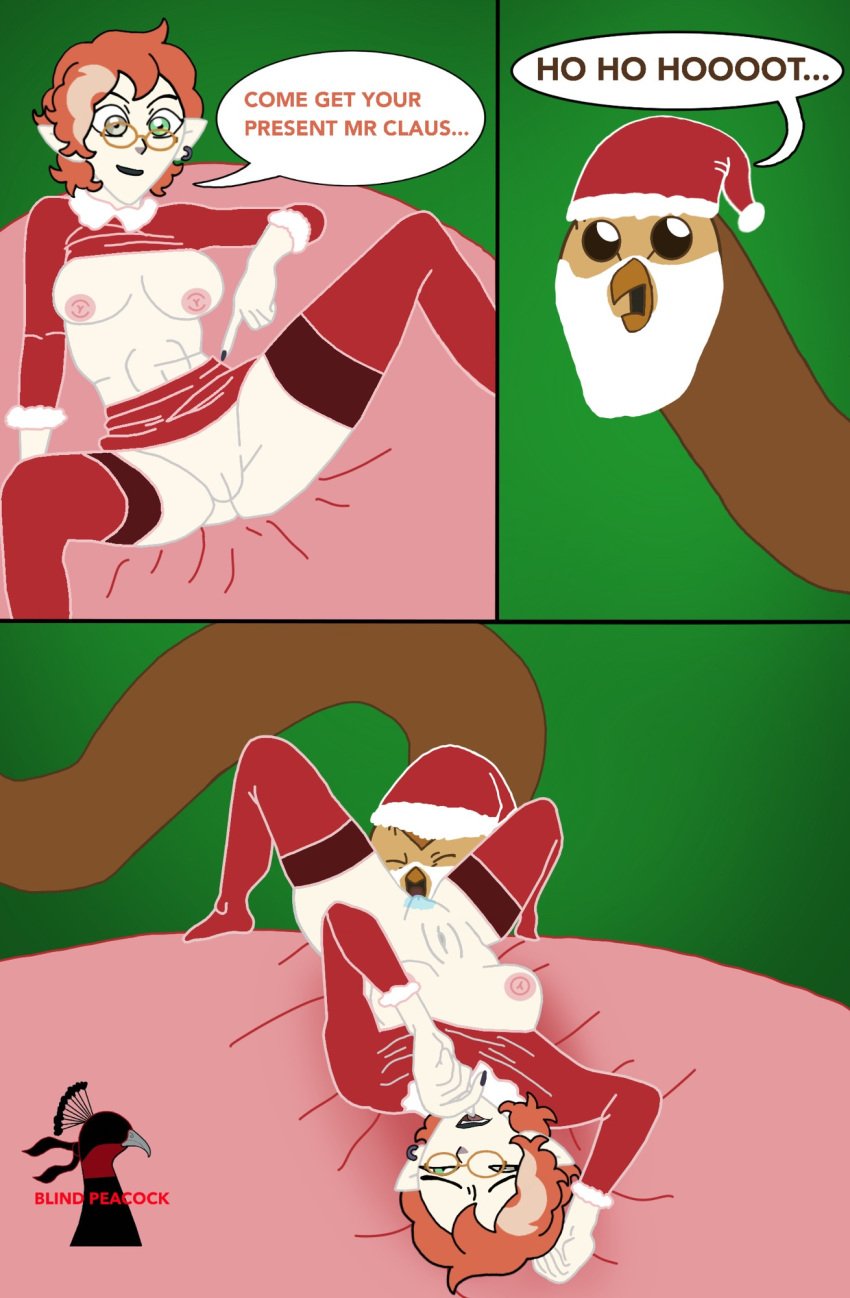 1girls 2d 2d_(artwork) artist_logo beard big_breasts biting_own_finger biting_own_lip biting_own_thumb black_eyes blind_peacock_draws_(artist) breasts christmas_outfit comic comic_panel cunnilingus demon demon_tube different_eye_color disney disney_channel eating_cum eating_pussy fake_beard female glass glasses green_eyes grey_eyes hooty hooty_(the_owl_house) leggings lilith_clawthorne lying lying_on_back lying_on_bed mrs._claus mrs._claus_(cosplay) nipples offering offering_to_another partially_clothed presenting presenting_pussy pussy pussy_eating pussy_eating_monster pussy_juice pussy_juice_drip santa_claus_(cosplay) santa_costume santa_hat self_upload sexy_clothing the_owl_house the_owl_house_(finale) tongue tongue_in_pussy white_beard