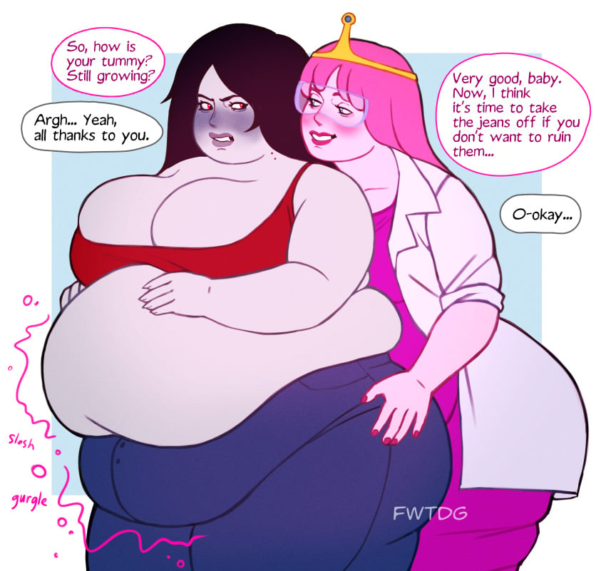 2girls adventure_time bbw blush dialogue female female_only fwtdg huge_belly huge_breasts large_breasts lesbian marceline overweight overweight_female princess_bubblegum text tight_clothing weight_gain yuri