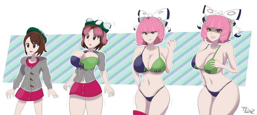 age_progression aged_up ass_expansion bikini bow breast_expansion brown_eyes brown_hair clothing_transformation gloria_(pokemon) hat klara_(pokemon) mind_alteration mole_on_breast pink_hair pokemon purple_eyes skirt sweater thatfreakgivz transformation transformation_sequence