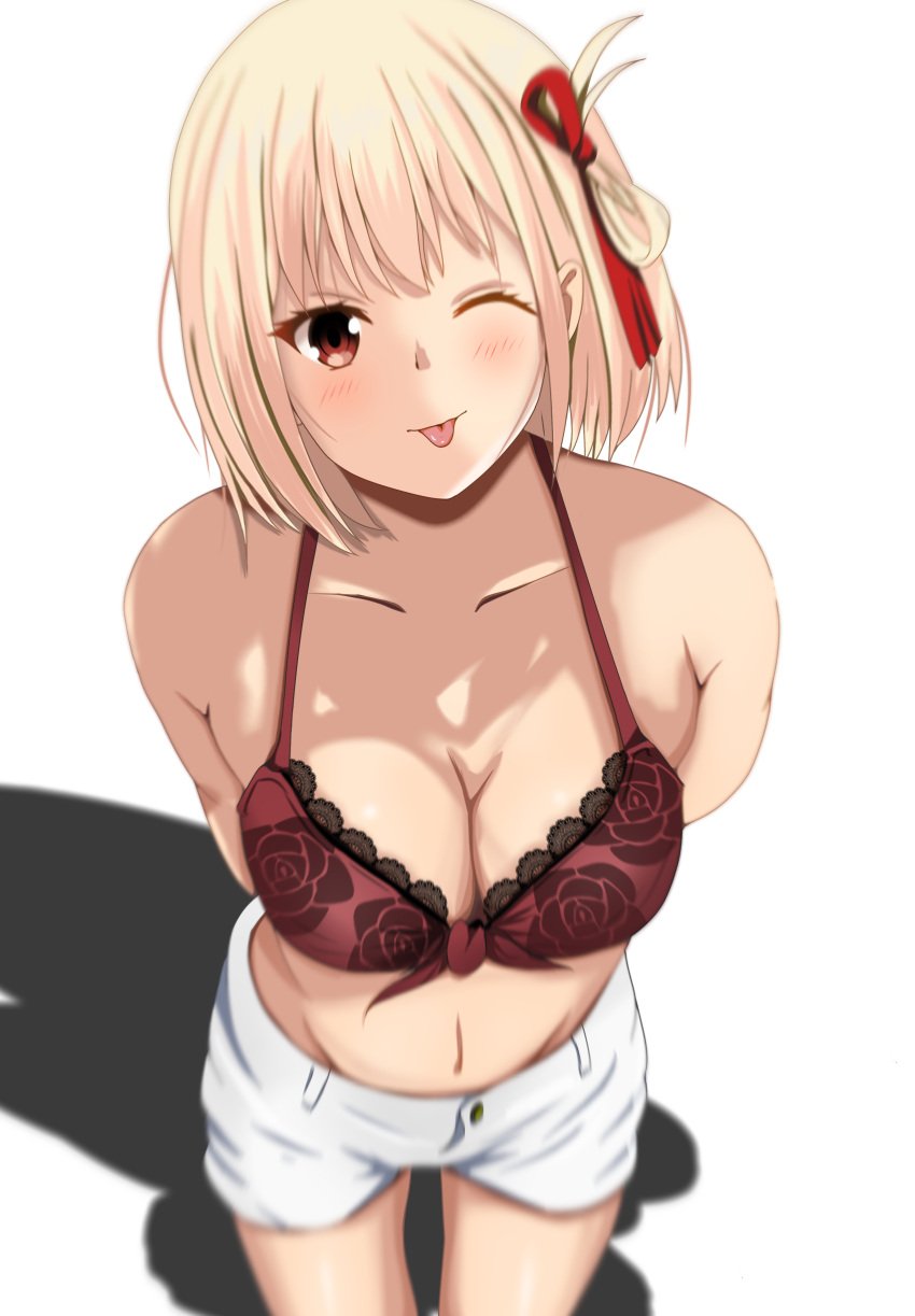 1girls absurd_res absurdres bare_arms bare_belly bare_chest bare_legs bare_midriff bare_navel bare_shoulders bare_skin bare_thighs belly belly_button blonde_eyebrows blonde_female blonde_hair blonde_hair blonde_hair_female blush blush_face blush_lines blushed_face blushing_at_viewer blushing_face blushing_female bra breasts busty busty_female busty_girl busty_teen cleavage closed_mouth_smile collarbone dot_nose exposed_arms exposed_belly exposed_chest exposed_legs exposed_midriff exposed_navel exposed_shoulders exposed_skin exposed_thighs eye_closed fair_skin female female_focus female_naked female_only frilled_bra frilled_underwear grin hair_ribbon hair_tie half_naked half_nude happy high_resolution highres jean_shorts lace-trimmed_underwear large_breasts lean_body lean_figure legs light-skined_female light-skinned light-skinned_female light_skin light_skin_female light_skinned light_skinned_female looking_at_viewer looking_up looking_up_at_viewer lycoris_recoil medium_hair midriff naked naked_female naked_woman narrow_waist navel nishikigi_chisato nude nude_female nudity one-eye_closed one_eye_closed one_eye_open partially_naked red_bra red_eyes red_eyes_female red_hair_ribbon red_hair_tie red_ribbon red_underwear ribbon semi_nude shorts shoulders simple_background slender_body slender_waist slim_girl slim_waist smile smiley_face smiling smiling_at_viewer smirk smooth_skin solo standing teen_girl teenage_girl teenager tetsuado thigh_gap thighs thin_waist tongue tongue_out underwear upper_body white_background white_shorts wink winking winking_at_viewer winking_eye yellow_eyebrows yellow_hair yellow_hair_female