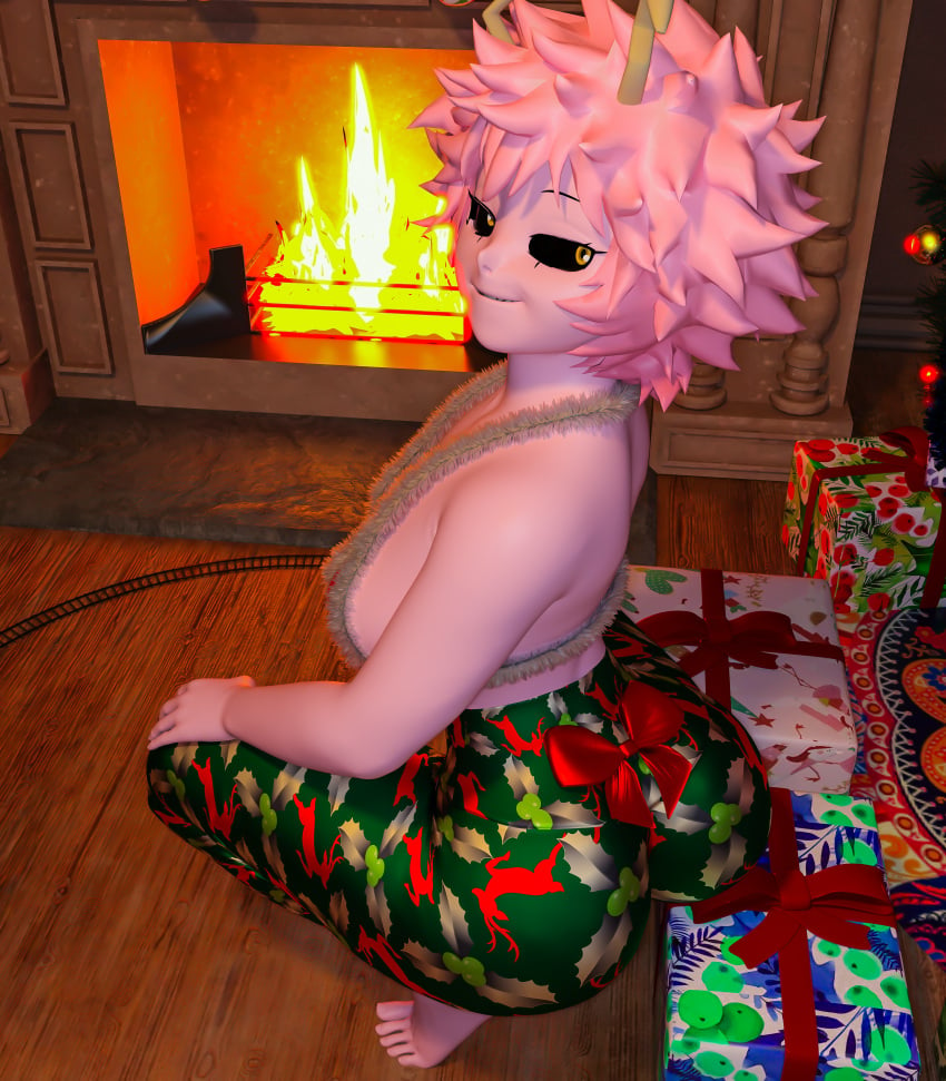 3d 3d_(artwork) ashido_mina ass big_ass big_butt bow bustin3d christmas christmas_present fireplace gift gift_box looking_at_viewer looking_back mina_ashido my_hero_academia pink_hair pink_skin smile