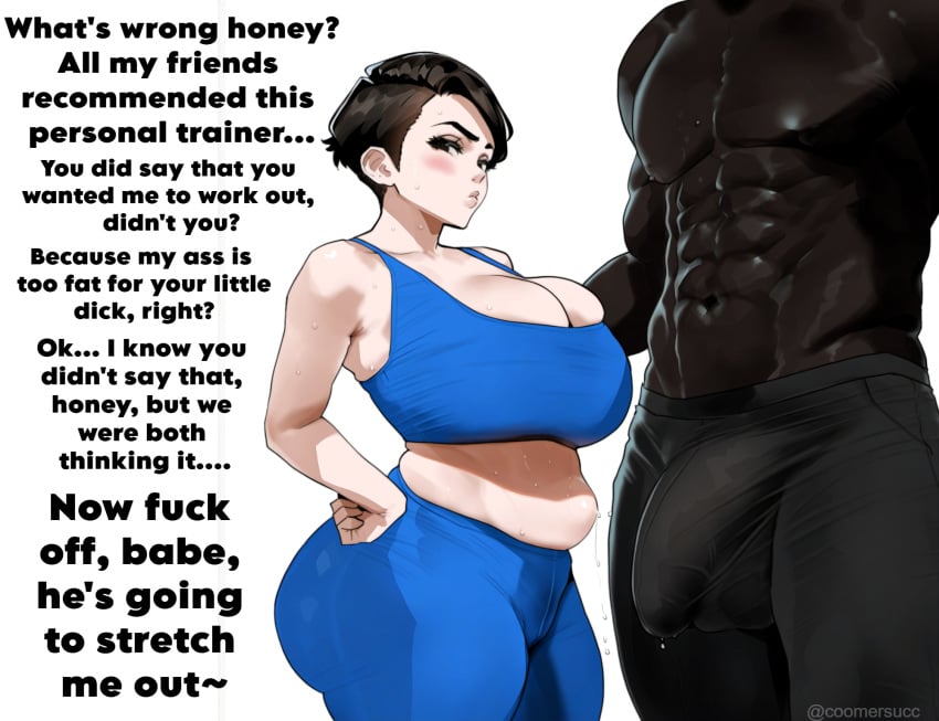 1boy 1girls ai_generated big_breasts black_hair breasts chubby chubby_female coomersucc dark-skinned_male dialogue female gym_uniform inminent_sex interracial light-skinned_female male netorare ntr original original_character penis text train