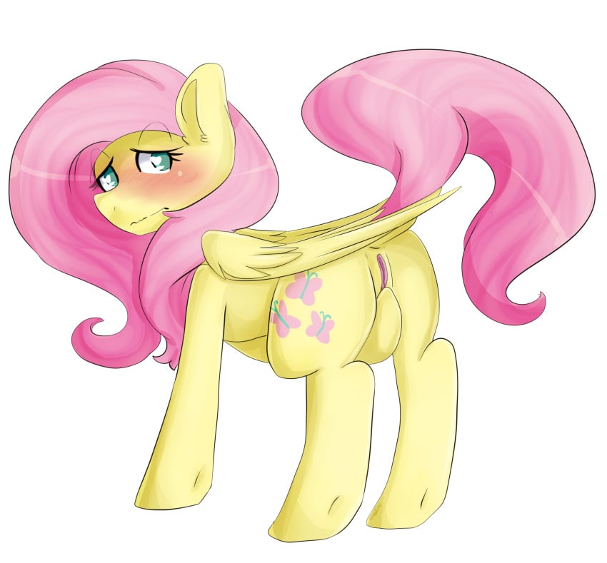 2014 ass blush cutie_mark equine female feral fluttershy_(mlp) friendship_is_magic green_eyes hair hi_res looking_at_viewer looking_back mammal mane my_little_pony oddends pegasus pink_hair plain_background pussy rear_view shy solo white_background wings